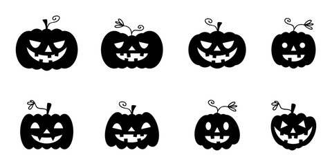 Halloween pumpkins silhouette collection in different shapes. Perfect print for logo, card, poster, label, sale, stickers. Hand drawn vector illustration.
