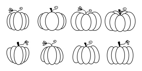 Simple doodle style pumpkin collection. Autumn design for logo, card, poster, label, sale, stickers. Hand drawn vector illustration.