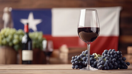 Glass of red wine with grapes in foreground and Chilean flag in background, symbolizing wine production, culture, and viticulture in Chilean winemaking tradition.