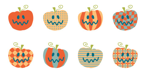 Abstract geometric pumpkin jack-o-lantern face collection. Perfect print for posters, cards, shirts, stickers. Isolated vector illustration for decor and design.