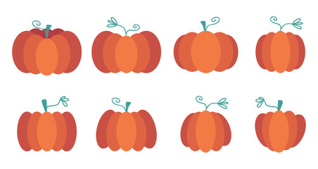 Cute collection of pumpkins in simple flat style. Autumn design for logo, card, poster, label, sale, stickers. Hand drawn vector illustration.