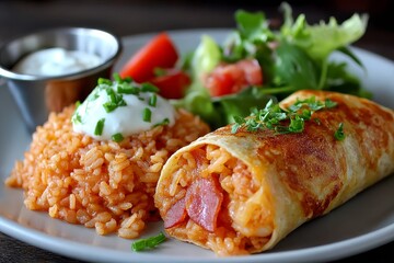 Delicious Gourmet Burrito Plate with Flavorful Ingredients, Served with Rice and Fresh Salad