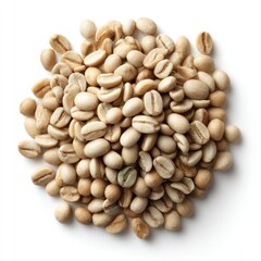 Light beige coffee beans clustered in a mound against white background