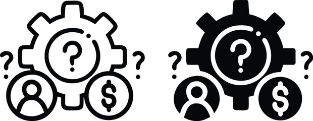Business Decision Making Icon Set with Gear, Dollar, Person, and Question Mark Symbols