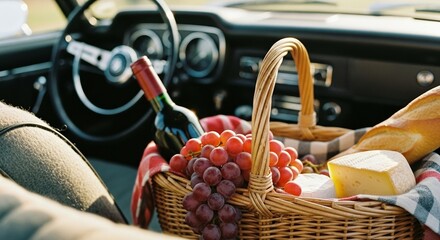 Fall picnic basket inside a vintage car with red grapes, wine, cheese, and baguette on a checkered cloth — a cozy roadside autumn escape setup

