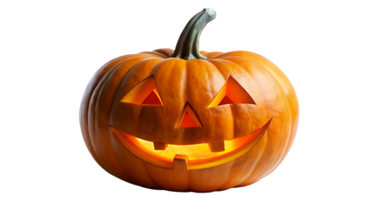 A carved halloween pumpkin, also known as a jackolantern, with a scary face and glowing light inside, isolated on transparent background