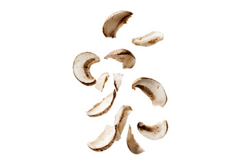 Falling sliced mushrooms on black background, isolated and levitating.