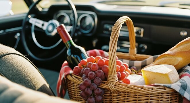Fall picnic basket inside a vintage car with red grapes, wine, cheese, and baguette on a checkered cloth — a cozy roadside autumn escape setup