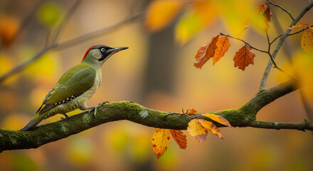 Fototapeta premium European green woodpecker on a branch in autumn.