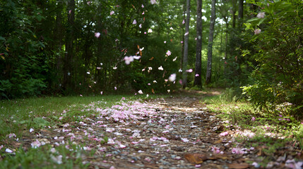 Path to Nature's Embrace: A serene forest trail adorned with a delicate shower of pink flower petals, inviting the viewer into a tranquil woodland escape, where peace and beauty intertwine.