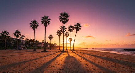 Obraz premium Silhouetted Palm Trees at Sunset on a Tropical Beach