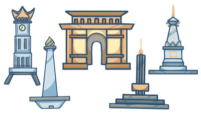 World Landmark Vector Icon Set Landmark vector pack featuring famous global monuments like Arc de Triomphe, Monas, and Tugu Jogja.