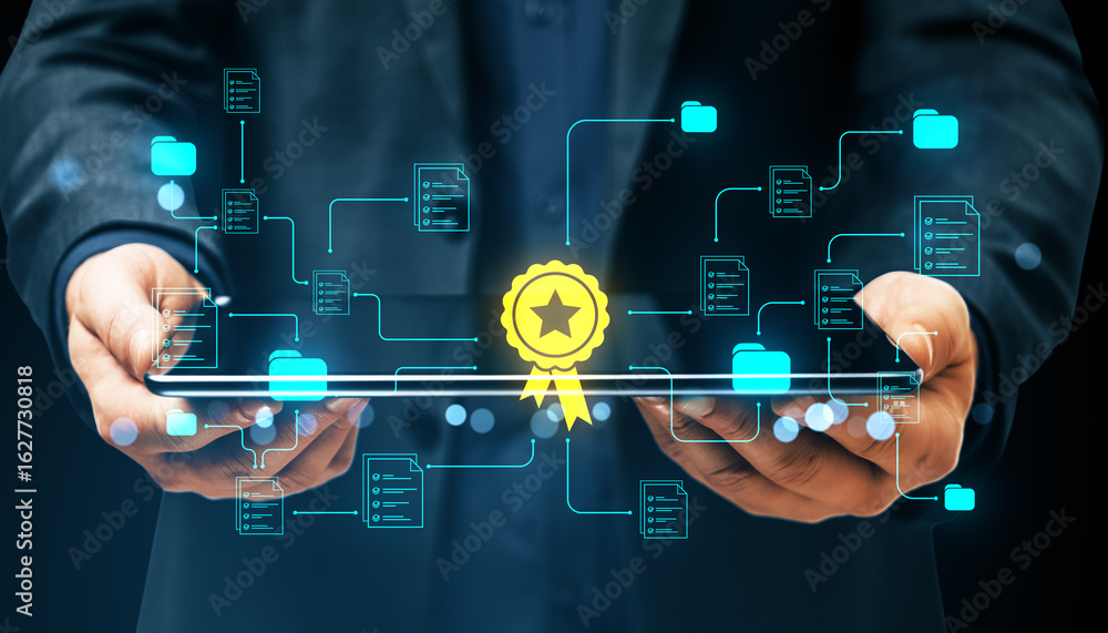 Poster businessman holding tablet displaying digital certificate stamp and networked document icons on dark