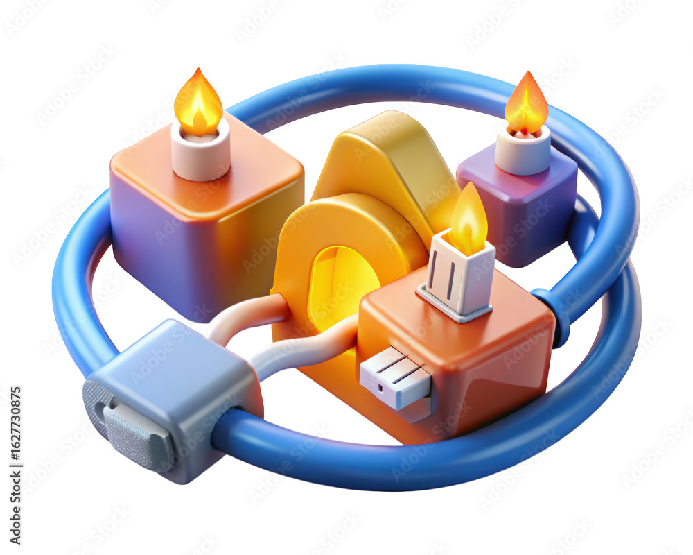 Poster abstract design of interconnected shapes with simulated fire elements and a blue tubing structure 3d
