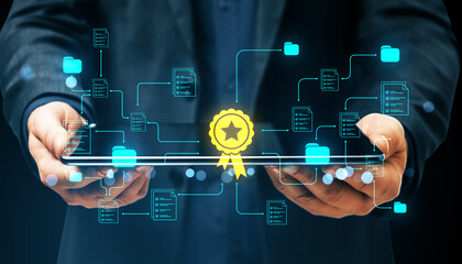 Businessman holding tablet displaying digital certificate stamp and networked document icons on dark background representing data compliance system.