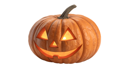 A traditional carved halloween pumpkin, known as a jackolantern, with a glowing orange light inside and a spooky face, isolated on a transparent background