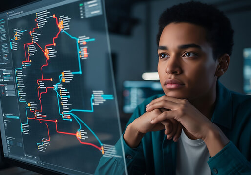 A focused young developer analyzes a complex data flowchart on a futuristic computer screen.