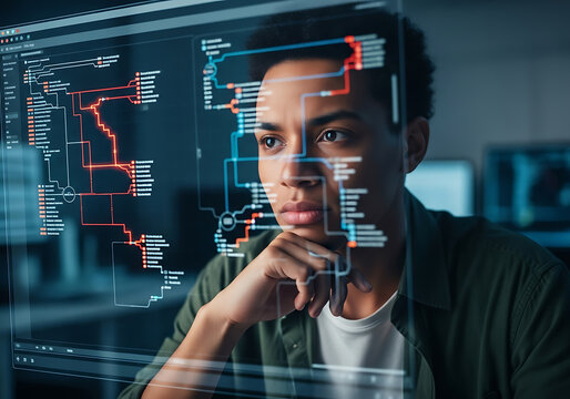 A young male programmer intently analyzes a complex flowchart on a futuristic transparent screen.