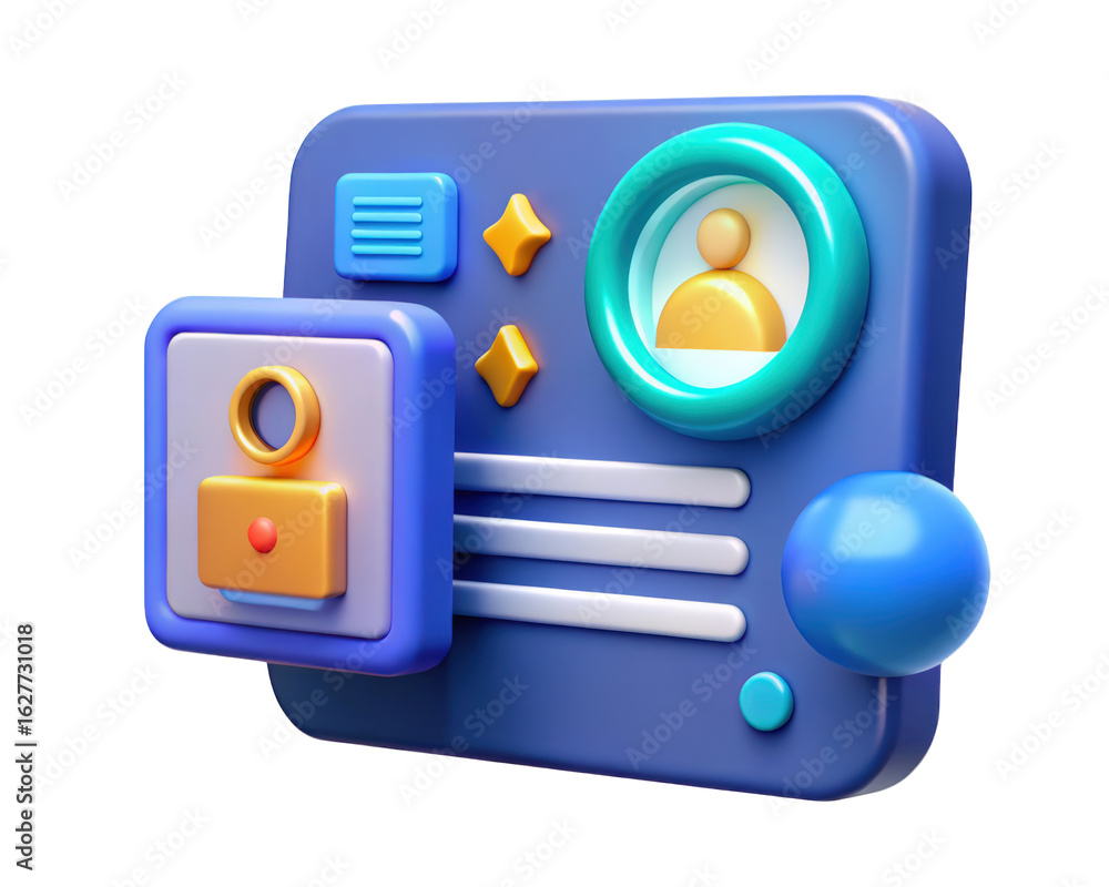 Poster blue platform interface with user profile icon and geometric shapes 3d illustration isolated on tran
