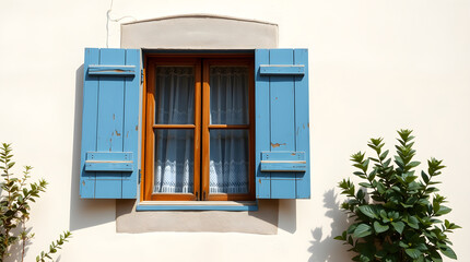 Wooden window with blue shutters and white curtains on a white wall