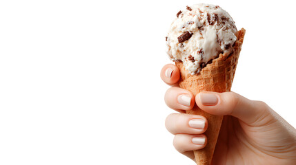 Hand holding an ice cream with half eaten isolated on a white background