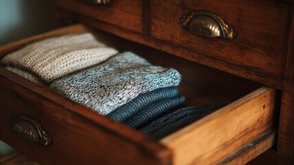 Neatly organized drawer with folded clothes in warm lighting. Artificial intelligence image