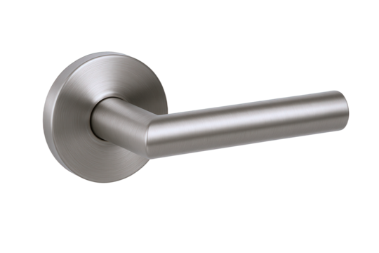 Modern Brushed Nickel Lever Door Handle with Circular Rose Plate, Architectural Hardware Detail