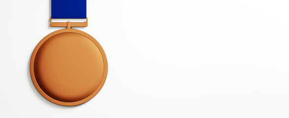 Bronze medal with blue ribbon hanging on light background, blank design for copyspace, sport award...