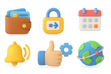 Colorful 3d icons set: wallet, lock, calendar, bell, thumbs up, globe