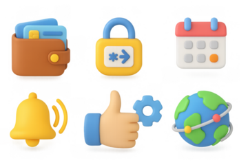 Colorful 3d icons set: wallet, lock, calendar, bell, thumbs up, globe