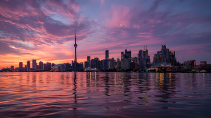 Fototapeta premium Urban Silhouette at Dawn: A metropolitan skyline elegantly reflects in tranquil waters, framed by a sky ablaze with the dawn's colors, creating a symphony of light and shadow.