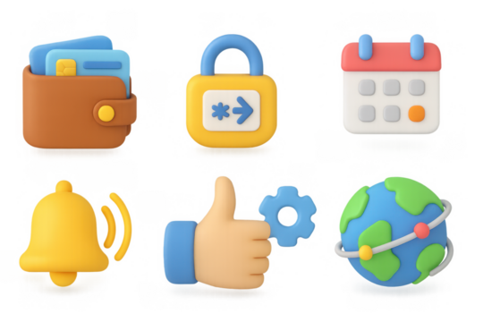 Colorful 3d icons set: wallet, lock, calendar, bell, thumbs up, globe