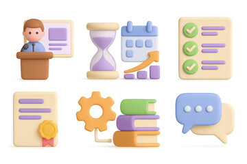 Colorful 3d business icons with people, documents, and communication e