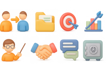 3d business icons set: teamwork, analytics, communication, security, a