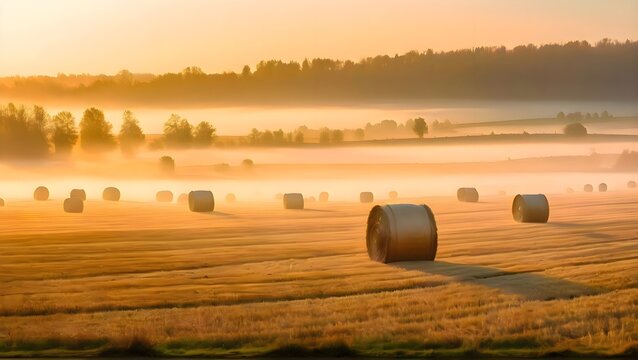 Round hay bales scattered across a field on a foggy day, showing the calm and misty countryside atmosphere in soft muted tones and autumn agricultural landscape - Powered by Adobe