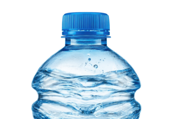 Close-up of a plastic water bottle.  Light-blue plastic, curved body,  with water inside.  Blue cap.  Rippled water surface