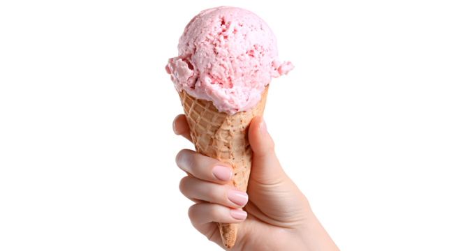 Hand holding an ice cream with half eaten isolated on a white background