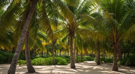 Obraz premium Lush Tropical Palm Tree Grove on Sandy Beach