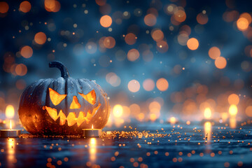 Spooky pumpkin lantern illuminated against starry night background