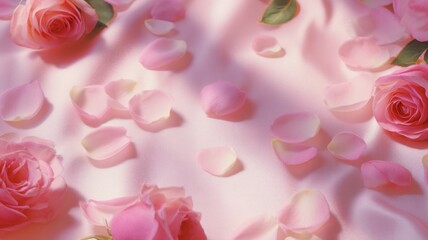 Elegant pink roses on soft fabric with petals. Artificial intelligence image