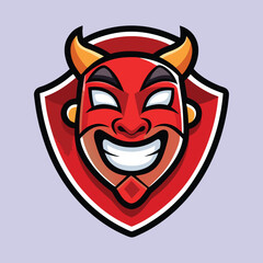 Cartoonish devil face on red shield with orange horns and evil grin