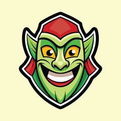 Green Goblin Face Mascot Cartoon Character with Red Cap and Yellow Eyes