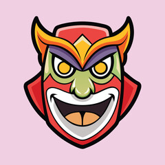 Cartoon Demon Head with Yellow Eyes and Red Hood on Pink Background