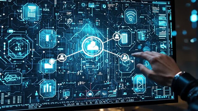 Person uses futuristic interface with glowing blue icons and network connections for high-tech communication data access cybersecurity innovation digital technology lifestyle concept. - Powered by Adobe