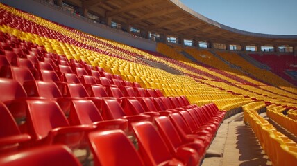 Vibrant stadium seats in sunlit arena. Artificial intelligence image