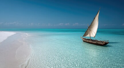 Tranquil dhow sailboat on shallow turquoise water, beside a pristine white sand beach