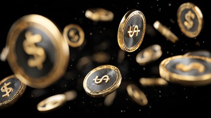 Floating gold coins against dark background. Artificial intelligence image