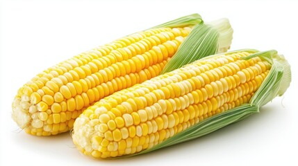 Fresh yellow corn on the cob with green husks on white background