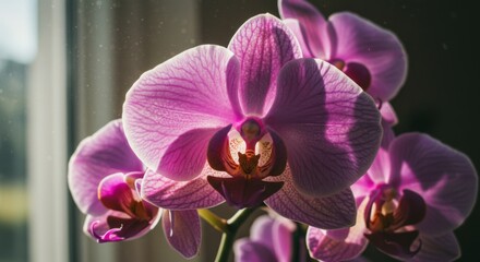 Fototapeta premium Pink Orchid Flower Close Up In Sunlight