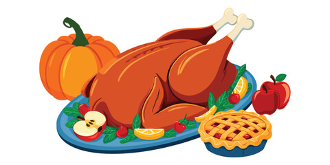 A Thanksgiving Feast Illustration with a Roasted Turkey, Pumpkin, Apple Pie, and Apples on a Blue Platter